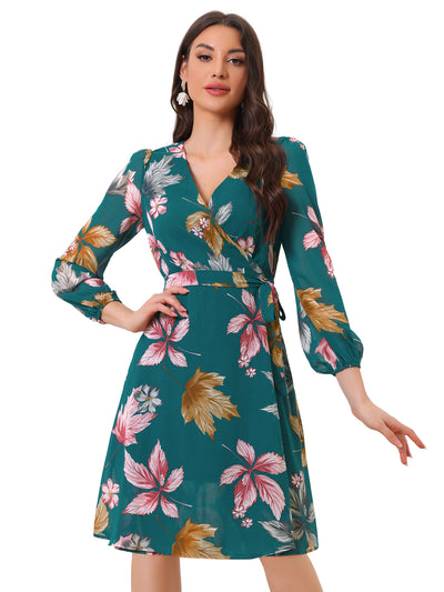 Chiffon Floral V Neck Tie Waist Bishop Sleeve Casual Wrap Midi Dress