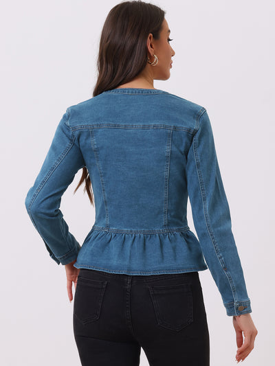 Peplum Denim Collarless Round Neck Cropped Ruffle Hem Jacket