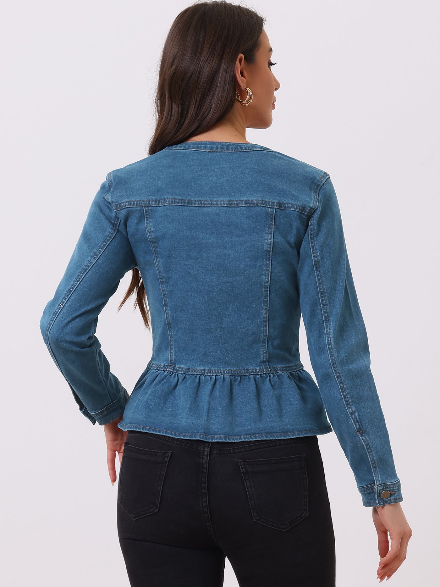 Allegra K Peplum Denim Collarless Round Neck Cropped Ruffle Hem Jacket