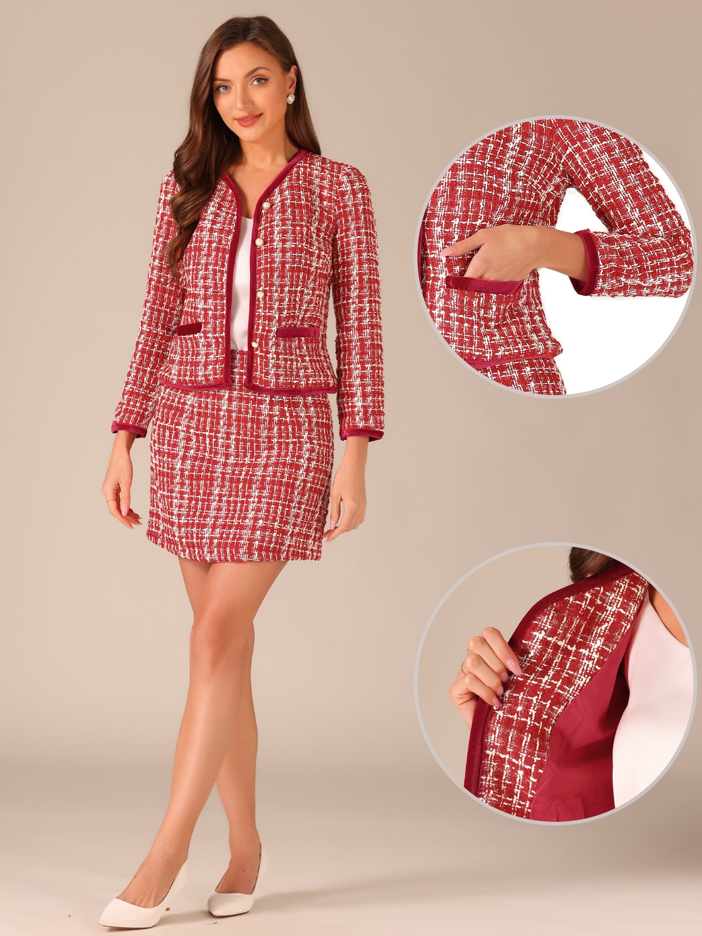 Allegra K 2 Piece Outfits Plaid Tweed Cropped Blazer Jacket & Mini Skirt Suit Set