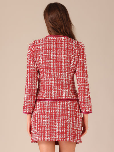 2 Piece Outfits Plaid Tweed Cropped Blazer Jacket & Mini Skirt Suit Set