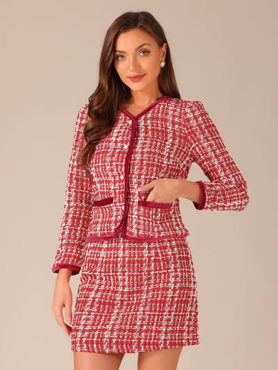 2 Piece Outfits Plaid Tweed Cropped Blazer Jacket & Mini Skirt Suit Set