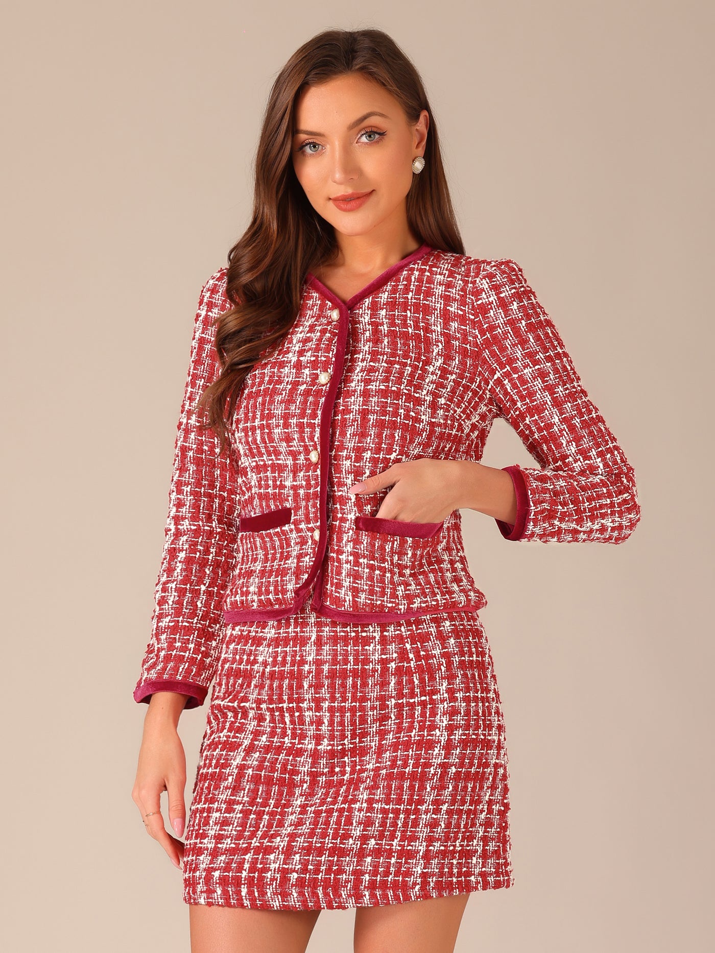 Allegra K 2 Piece Outfits Plaid Tweed Cropped Blazer Jacket & Mini Skirt Suit Set