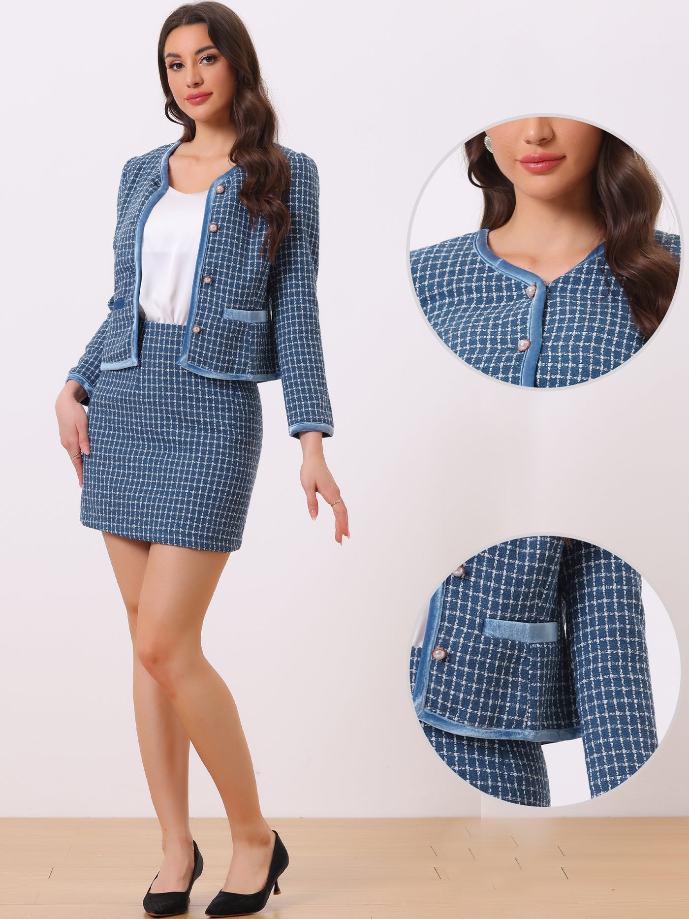 Allegra K 2 Piece Outfits Plaid Tweed Cropped Blazer Jacket & Mini Skirt Suit Set