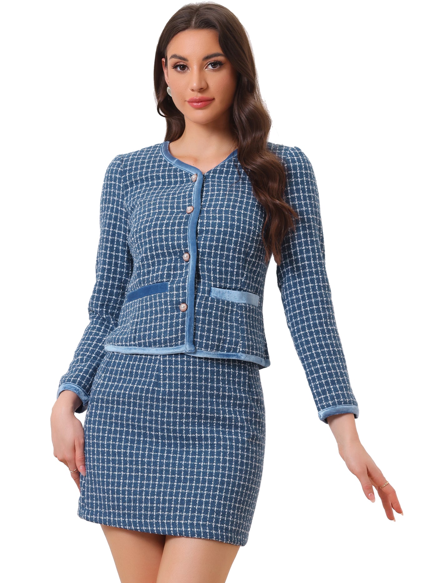 Allegra K 2 Piece Outfits Plaid Tweed Cropped Blazer Jacket & Mini Skirt Suit Set