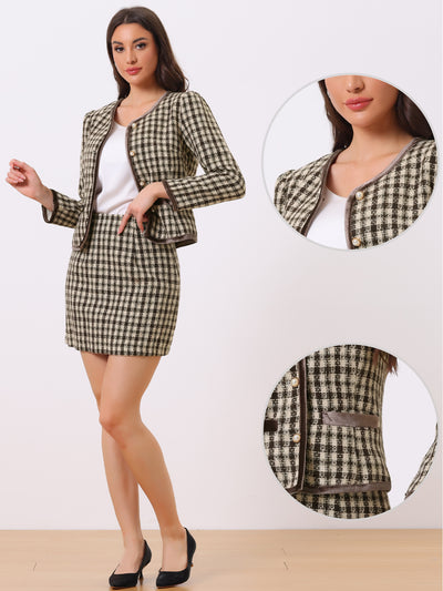 2 Piece Outfits Plaid Tweed Cropped Blazer Jacket & Mini Skirt Suit Set