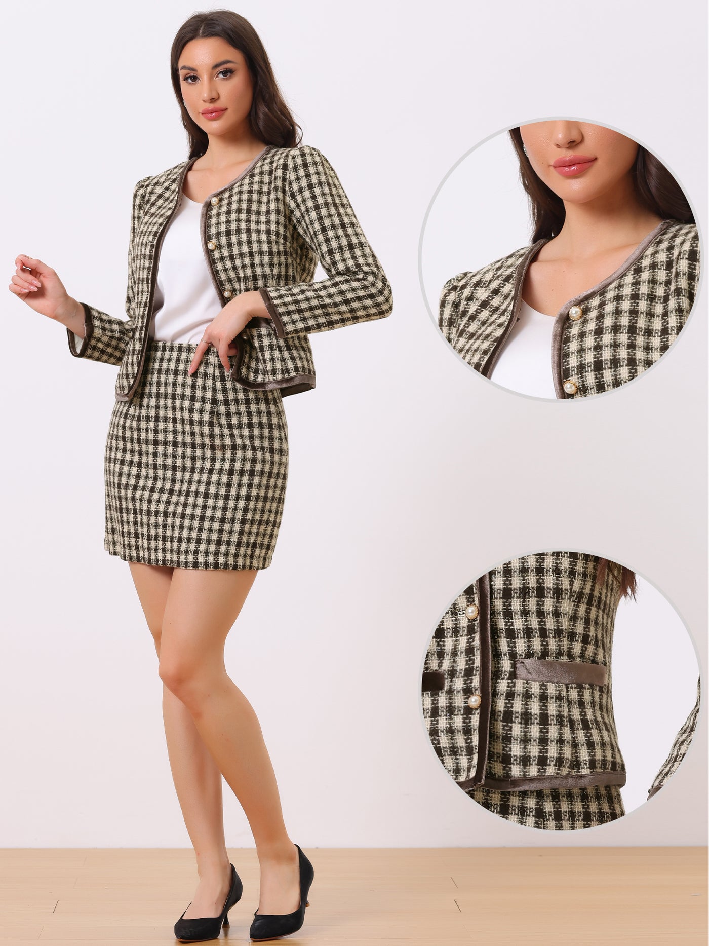 Allegra K 2 Piece Outfits Plaid Tweed Cropped Blazer Jacket & Mini Skirt Suit Set
