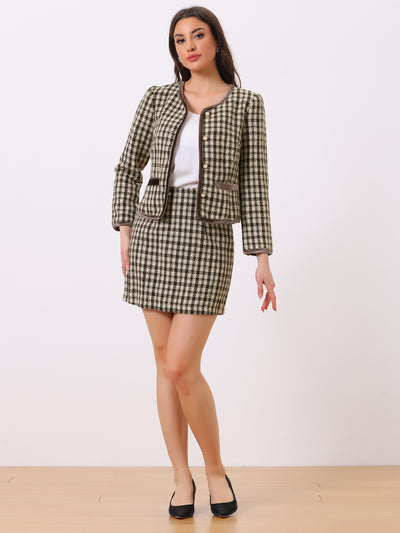 2 Piece Outfits Plaid Tweed Cropped Blazer Jacket & Mini Skirt Suit Set