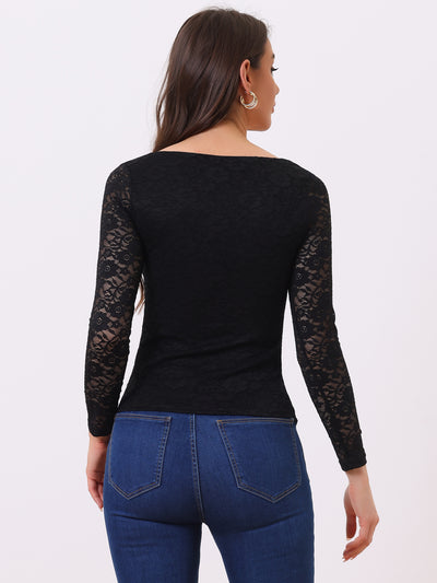 Lace Blouse Sweetheart Neck Long Sleeve Elegant Tops