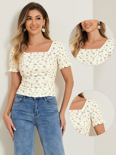 Smocked Crop Top Slim Fit Peasant Floral Blouse