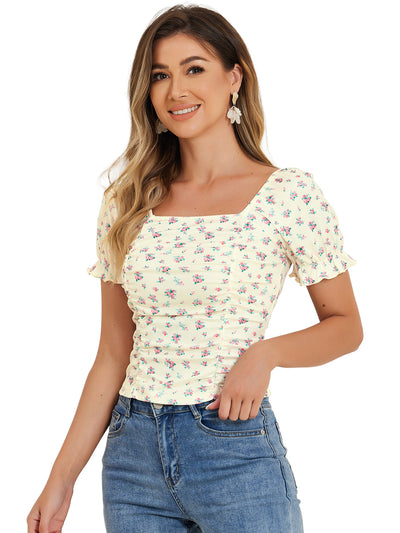 Smocked Crop Top Slim Fit Peasant Floral Blouse