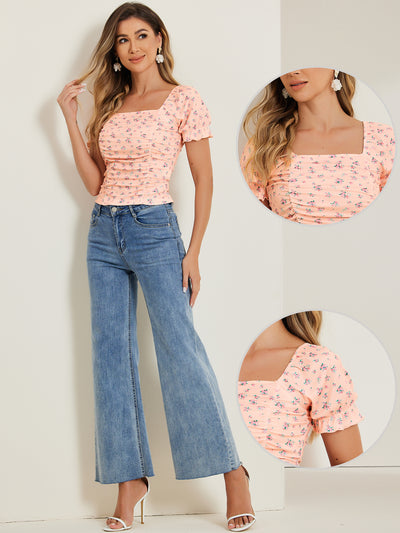 Smocked Crop Top Slim Fit Peasant Floral Blouse