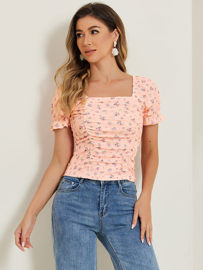 Smocked Crop Top Slim Fit Peasant Floral Blouse