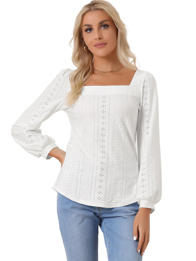 Square Neck Lantern Long Sleeve Eyelet Blouse