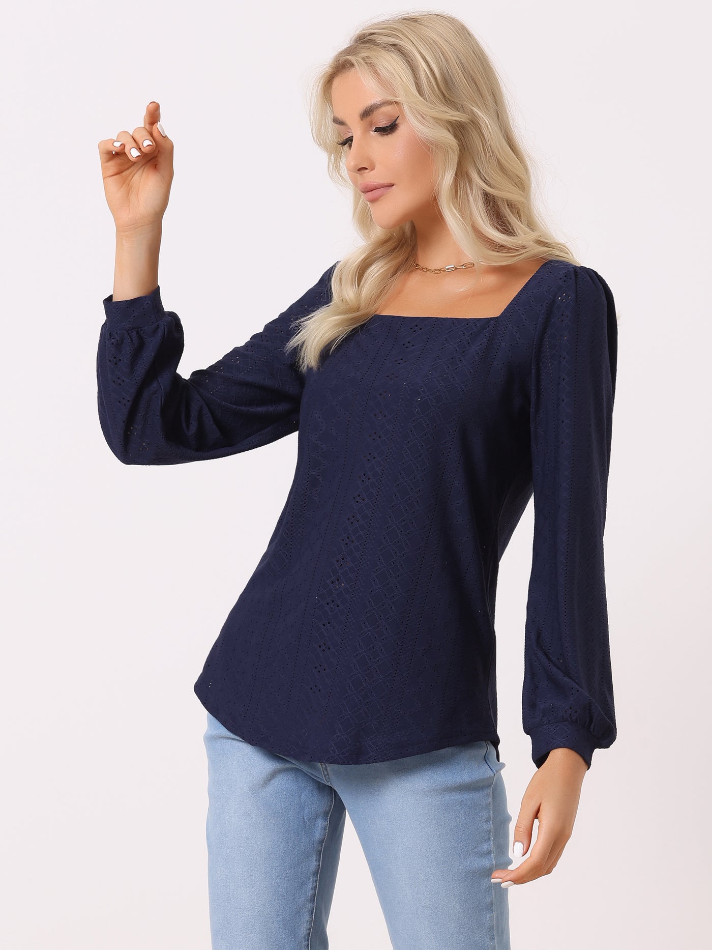 Allegra K Square Neck Lantern Long Sleeve Eyelet Blouse