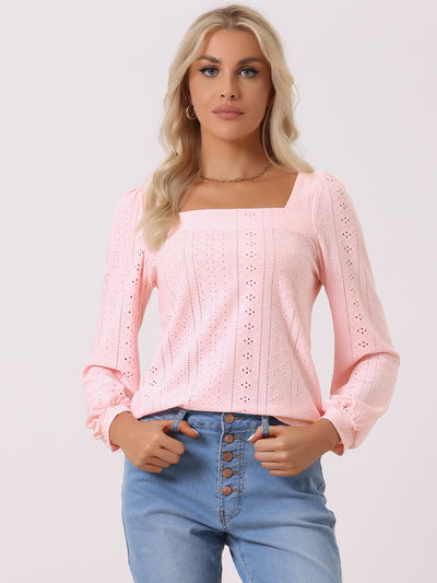 Square Neck Lantern Long Sleeve Eyelet Blouse