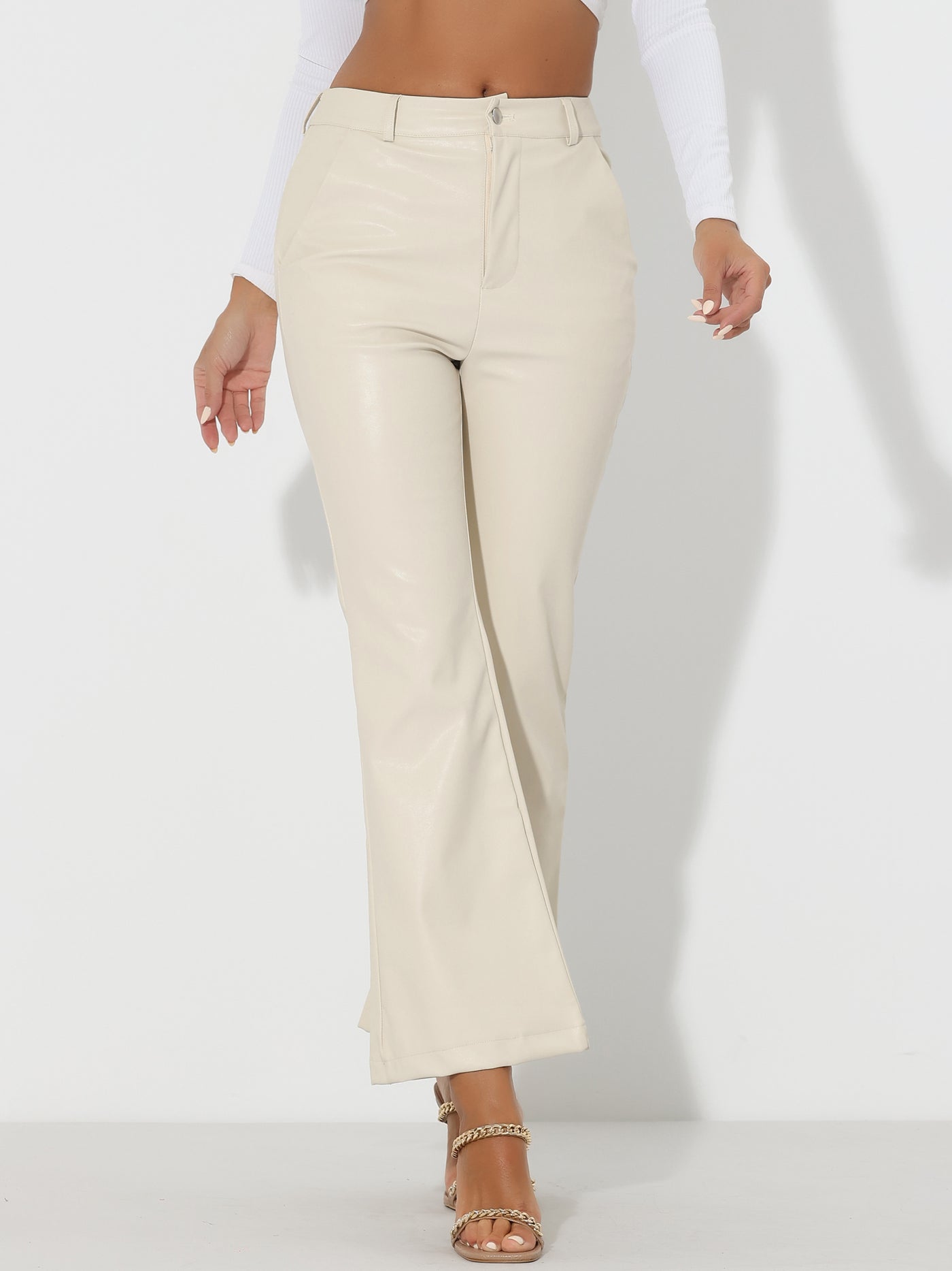 Allegra K Faux Leather Flared Pants High Waist Bell Bottom PU Trousers