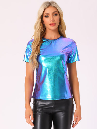 Party Metallic Textured Short Sleeve Shiny Multicolor Top