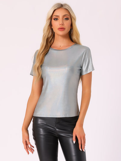 Party Metallic Textured Short Sleeve Shiny Multicolor Top