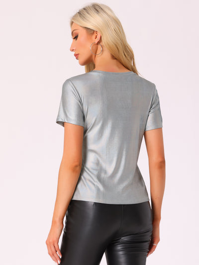 Party Metallic Textured Short Sleeve Shiny Multicolor Top