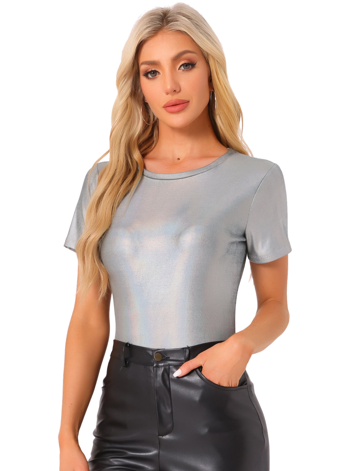 Allegra K Party Metallic Textured Short Sleeve Shiny Multicolor Top