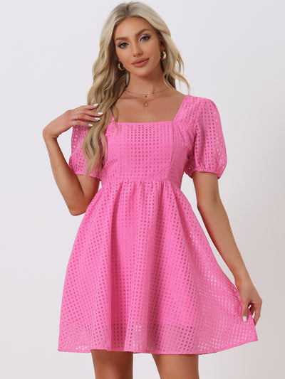 Short Puff Sleeve Square Neck Flowy Swing A-Line Party Mini Dress