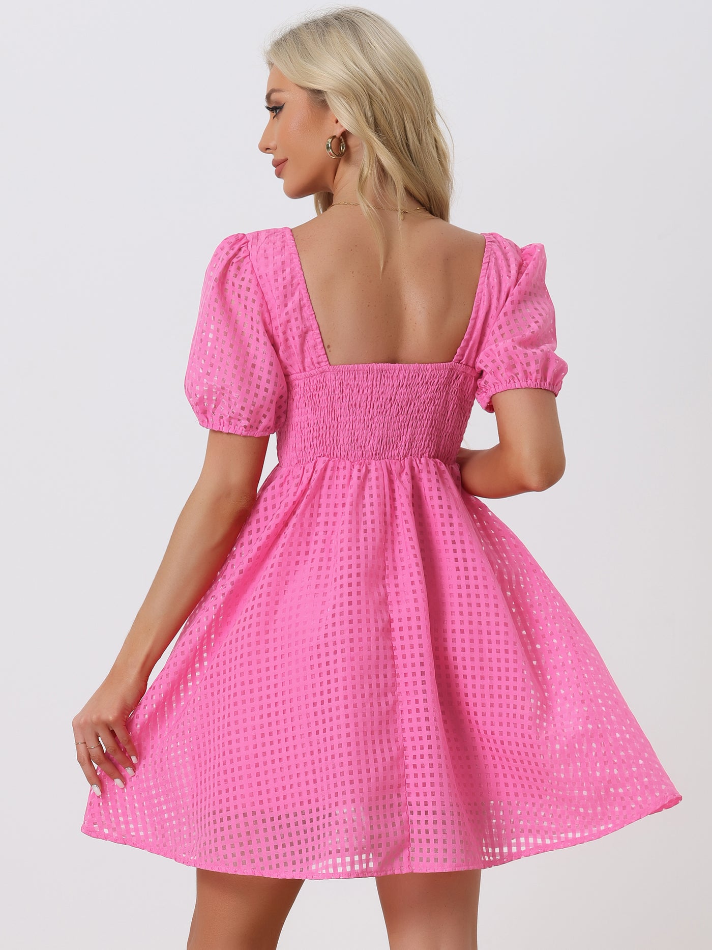 Allegra K Short Puff Sleeve Square Neck Flowy Swing A-Line Party Mini Dress