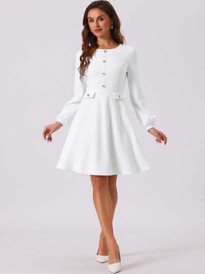 Crew Neck Office Contrast Button Decor Long Sleeve Dress