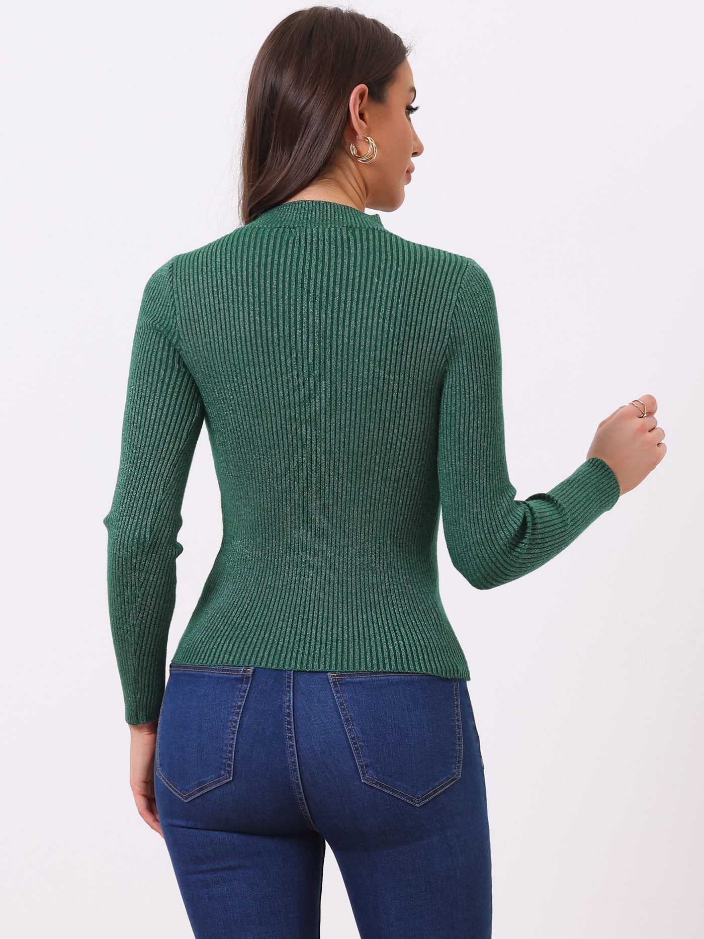 Allegra K Shiny Turtleneck Long Sleeve Ribbed Knit Pullover Sweater