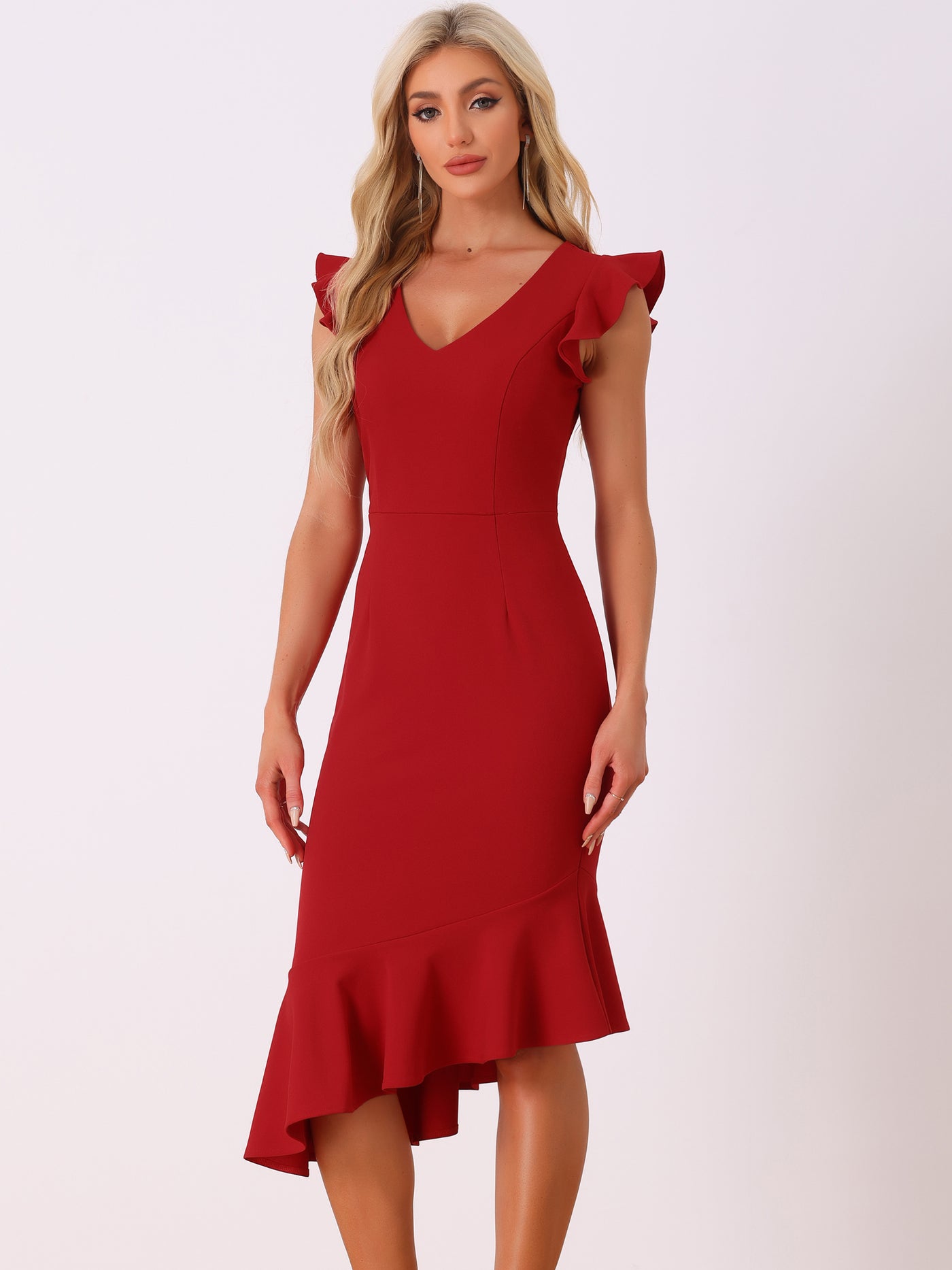 Allegra K V Neck Ruffle Sleeve Irregular Hem Cocktail Midi Dress