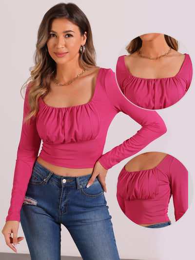 Ruched Long Sleeve Solid Fitted Cropped Blouse