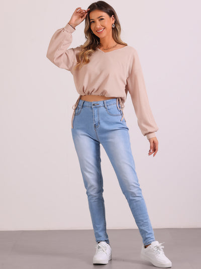 Textured Waffle Knit Casual Long Sleeve Drawstring Hem Cropped Blouse