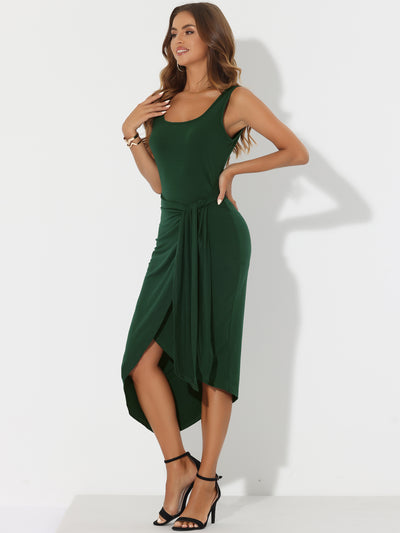 Sleeveless Scoop Neck Ruched Faux Wrap Tie Side Bodycon Midi Dress