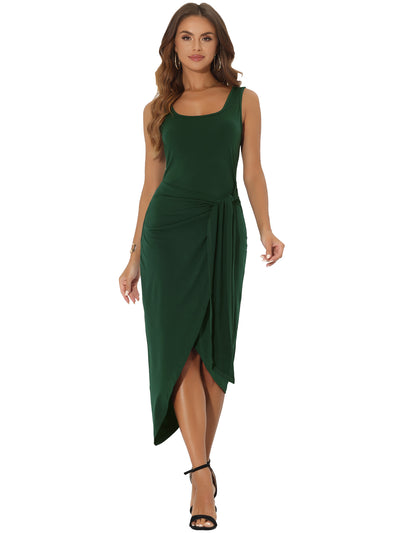 Sleeveless Scoop Neck Ruched Faux Wrap Tie Side Bodycon Midi Dress