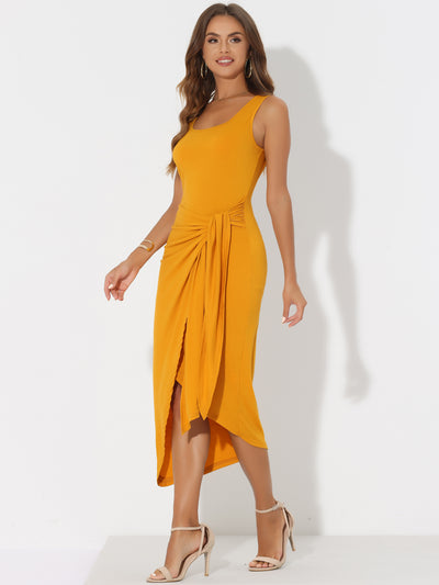 Sleeveless Scoop Neck Ruched Faux Wrap Tie Side Bodycon Midi Dress