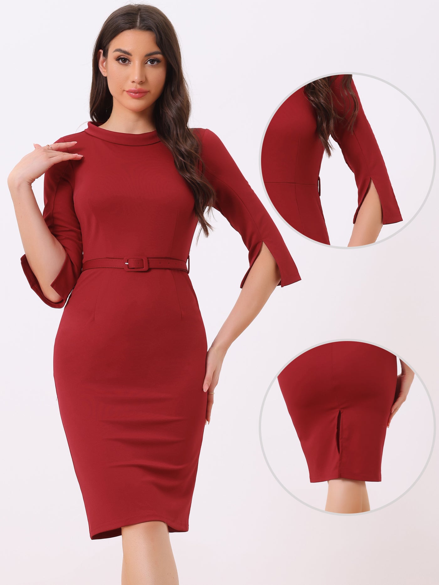 Allegra K Office 3/4 Sleeves Belted Mock Neck Pencil Midi Dress