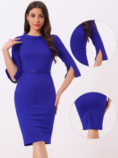 Office 3/4 Sleeves Belted Mock Neck Pencil Midi Dress