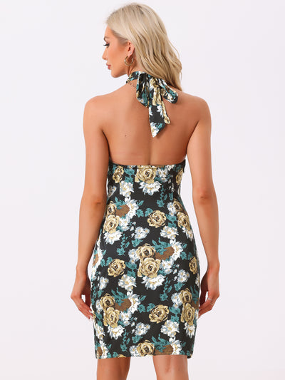 Floral Halter Neck Sleeveless Satin Mini Dress