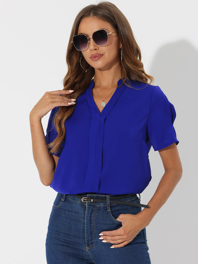 Dressy Casual V Neck Short Sleeve Satin Blouse