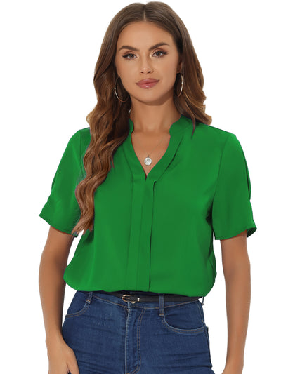 Dressy Casual V Neck Short Sleeve Satin Blouse