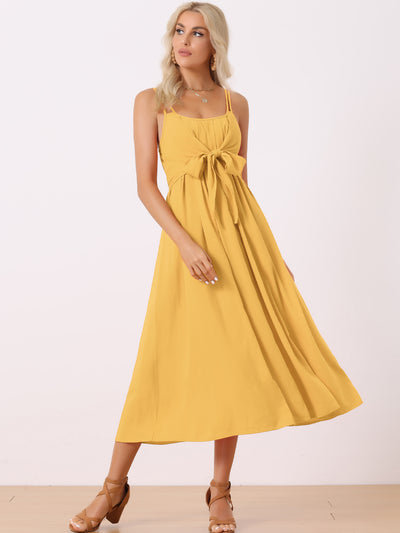 Casual Sleeveless Spaghetti Strap Tied Waist Flowy Midi Dress Sundress