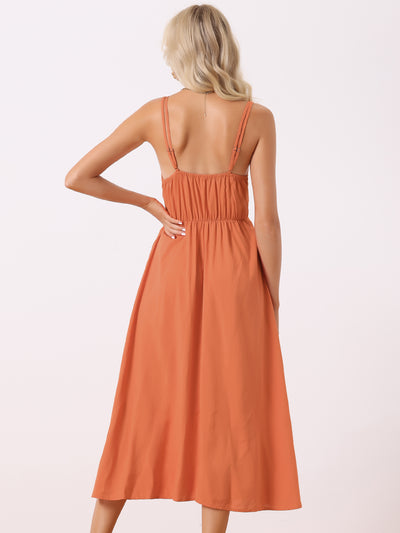 Casual Sleeveless Spaghetti Strap Tied Waist Flowy Midi Dress Sundress