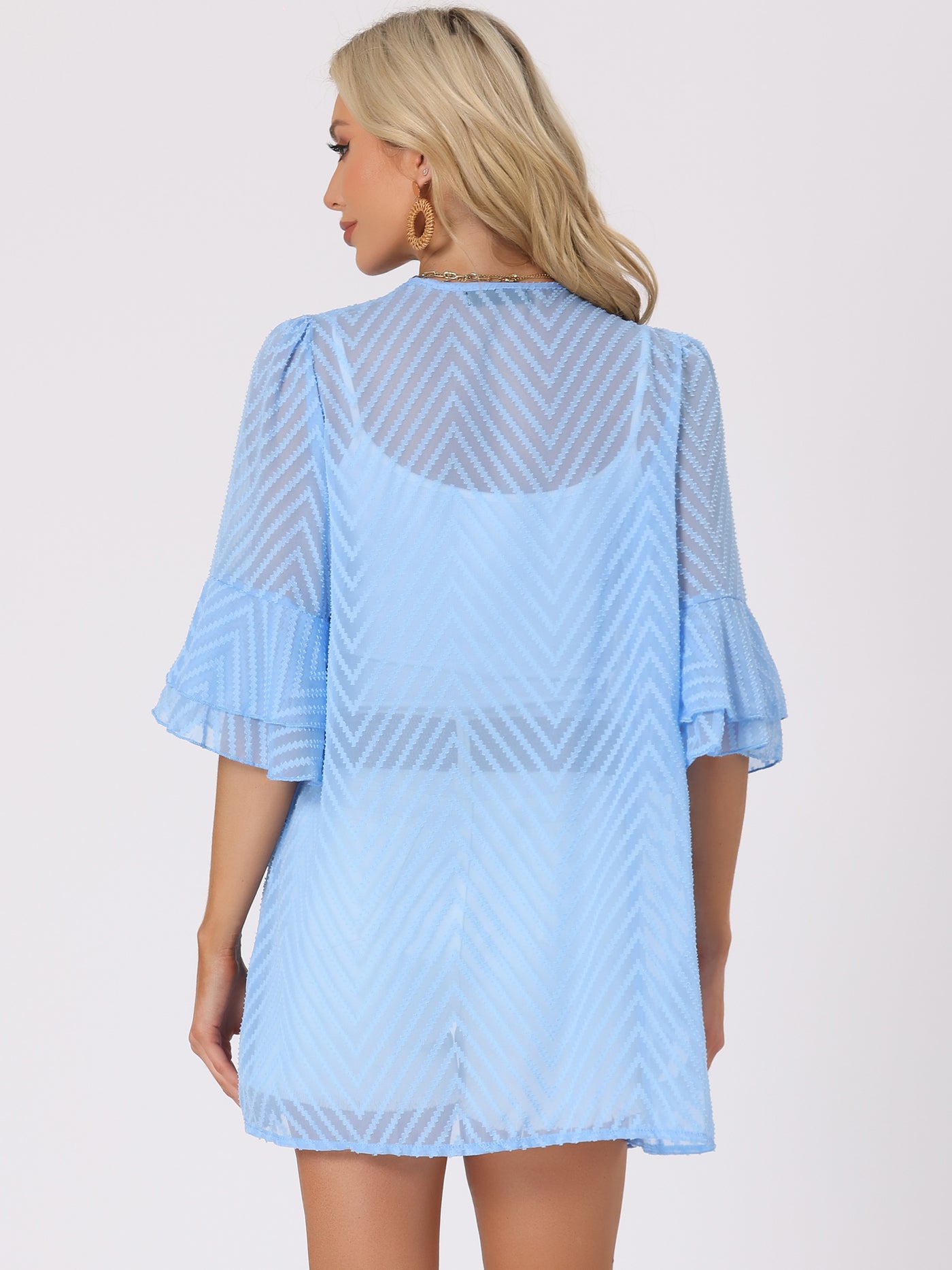 Allegra K Ruffle Bell Sleeves Textured Sheer Summer Beach Cover Up