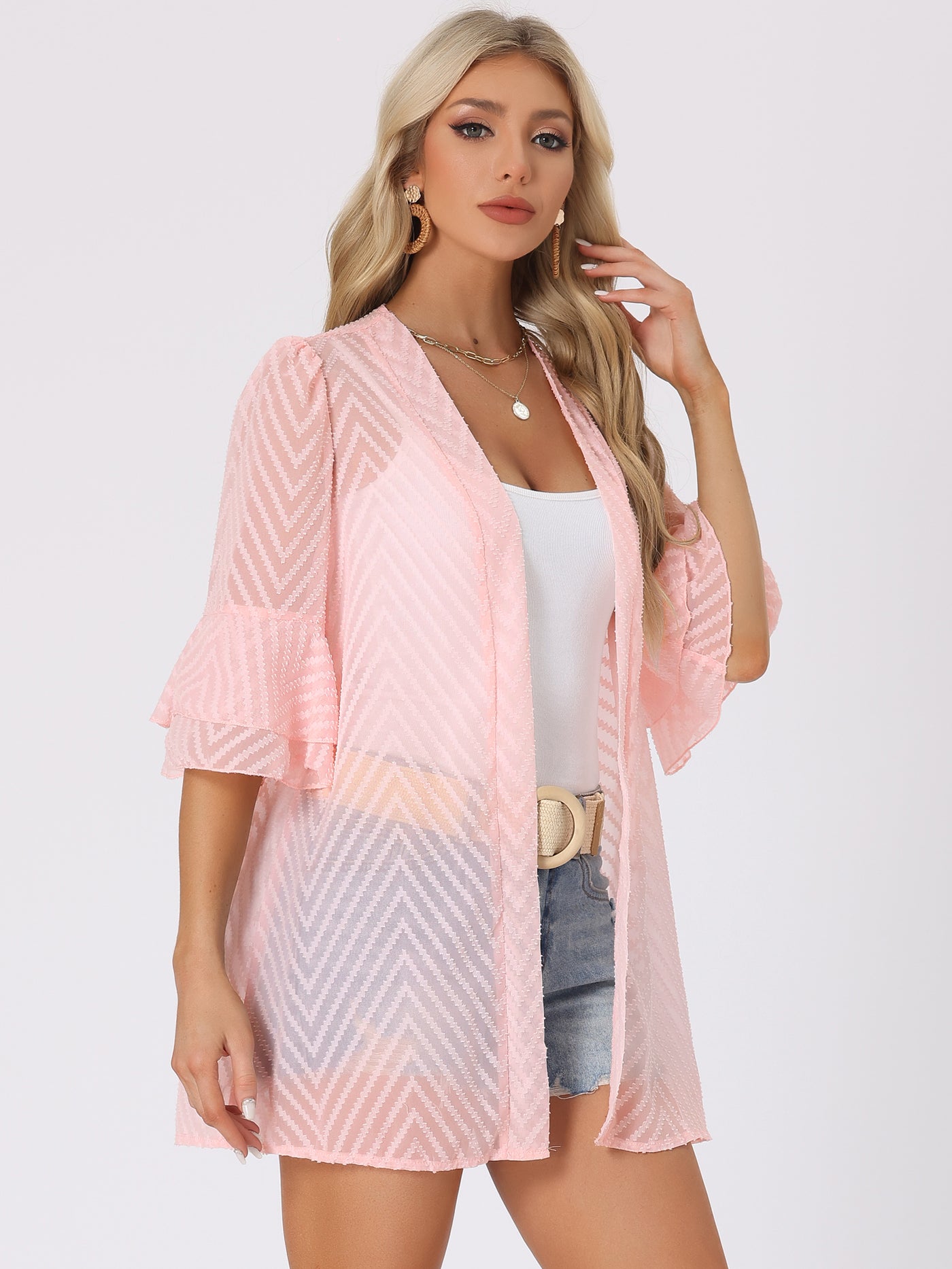 Allegra K Ruffle Bell Sleeves Textured Sheer Summer Beach Cover Up