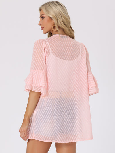 Ruffle Bell Sleeves Textured Sheer Summer Beach Cover Up