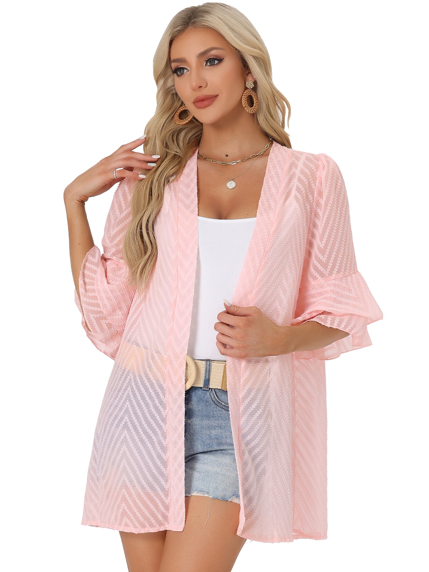 Allegra K Ruffle Bell Sleeves Textured Sheer Summer Beach Cover Up