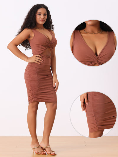 Twist Knot Cut Out Bodycon Ruched V Neck Mini Dress