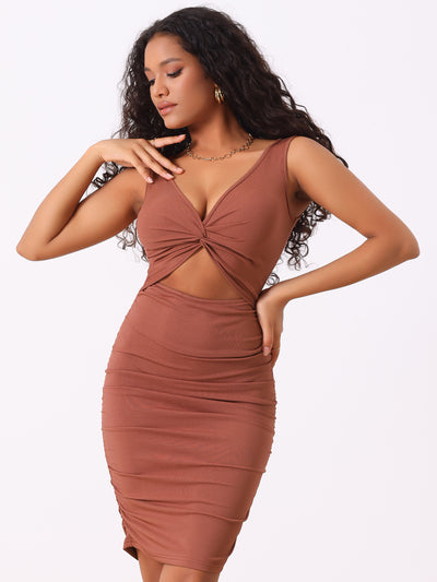 Twist Knot Cut Out Bodycon Ruched V Neck Mini Dress