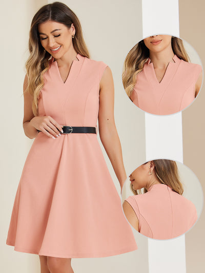 Office V Neck Work Sleeveless A-line Midi Solid Belted Dress