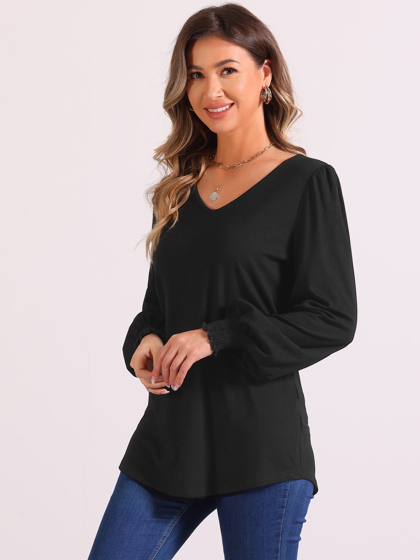 Allegra K V Neck Puff Long Sleeve Smocked Cuff Casual Blouse